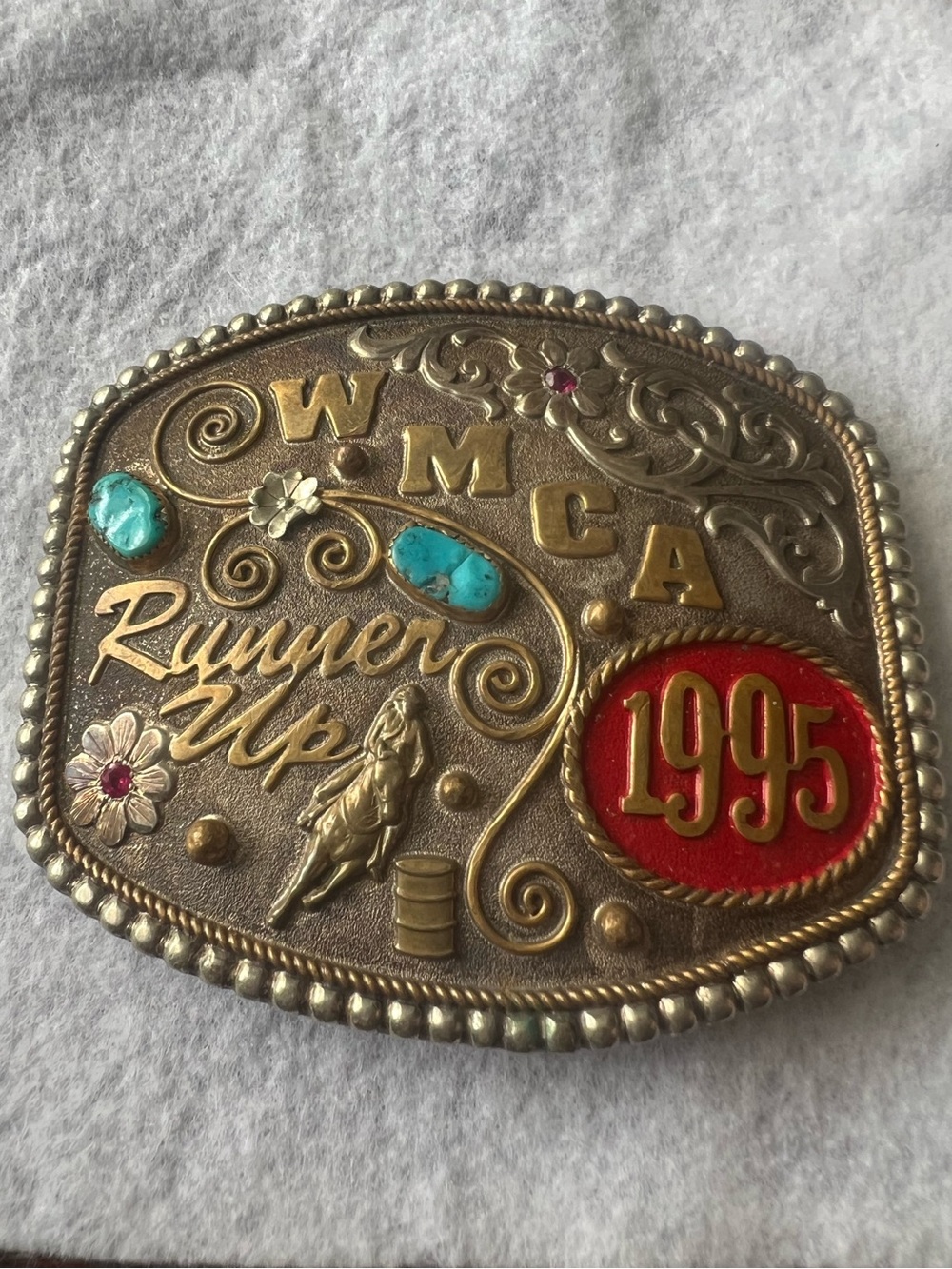 Western Gold-Tone Belt Buckle with Turquoise and Red Accents - 1995